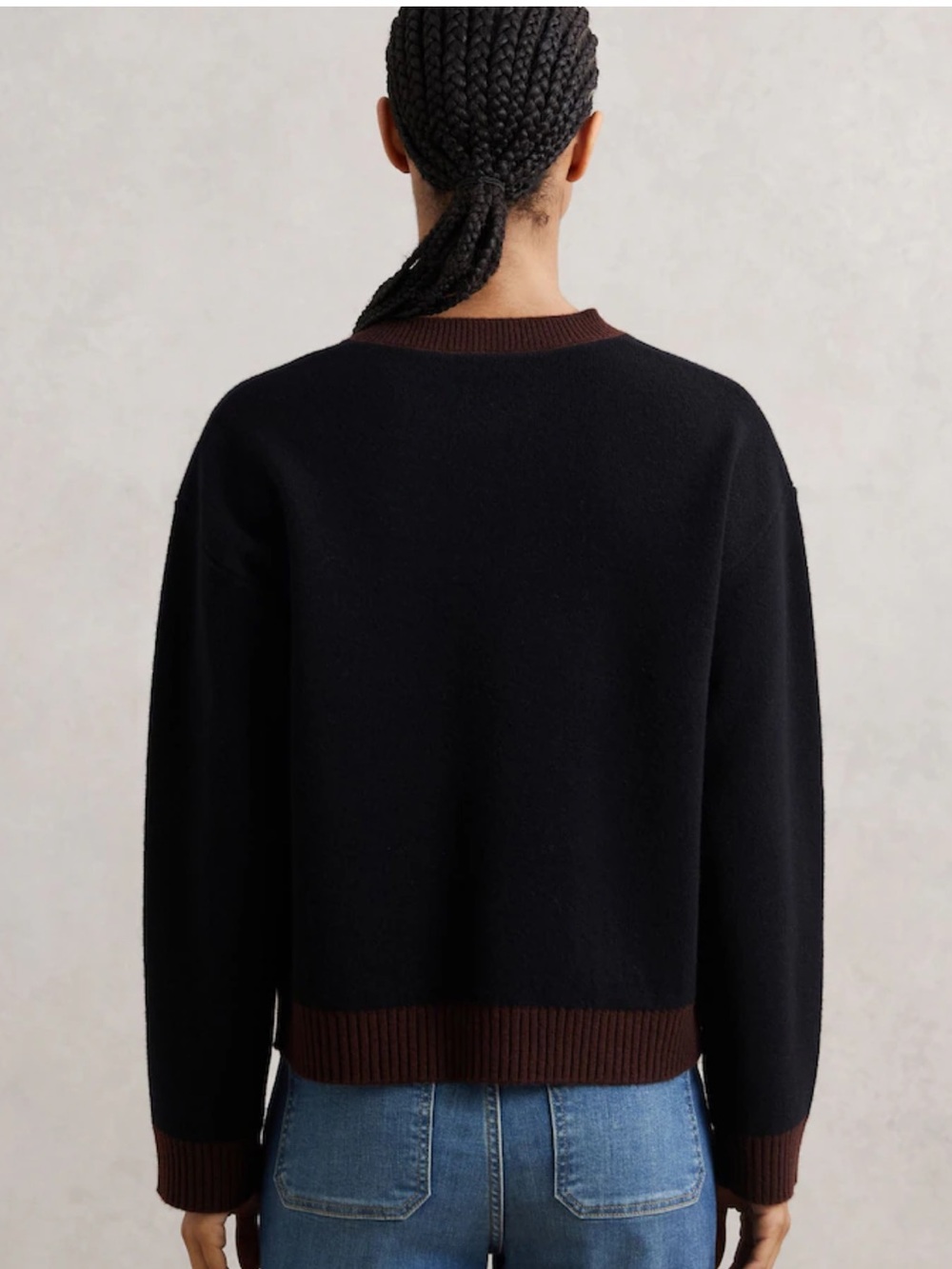 Reiss Olive Tipped Crewneck Wool And Cashmere Cardigan Black Burgundy - Picture 4 of 9
